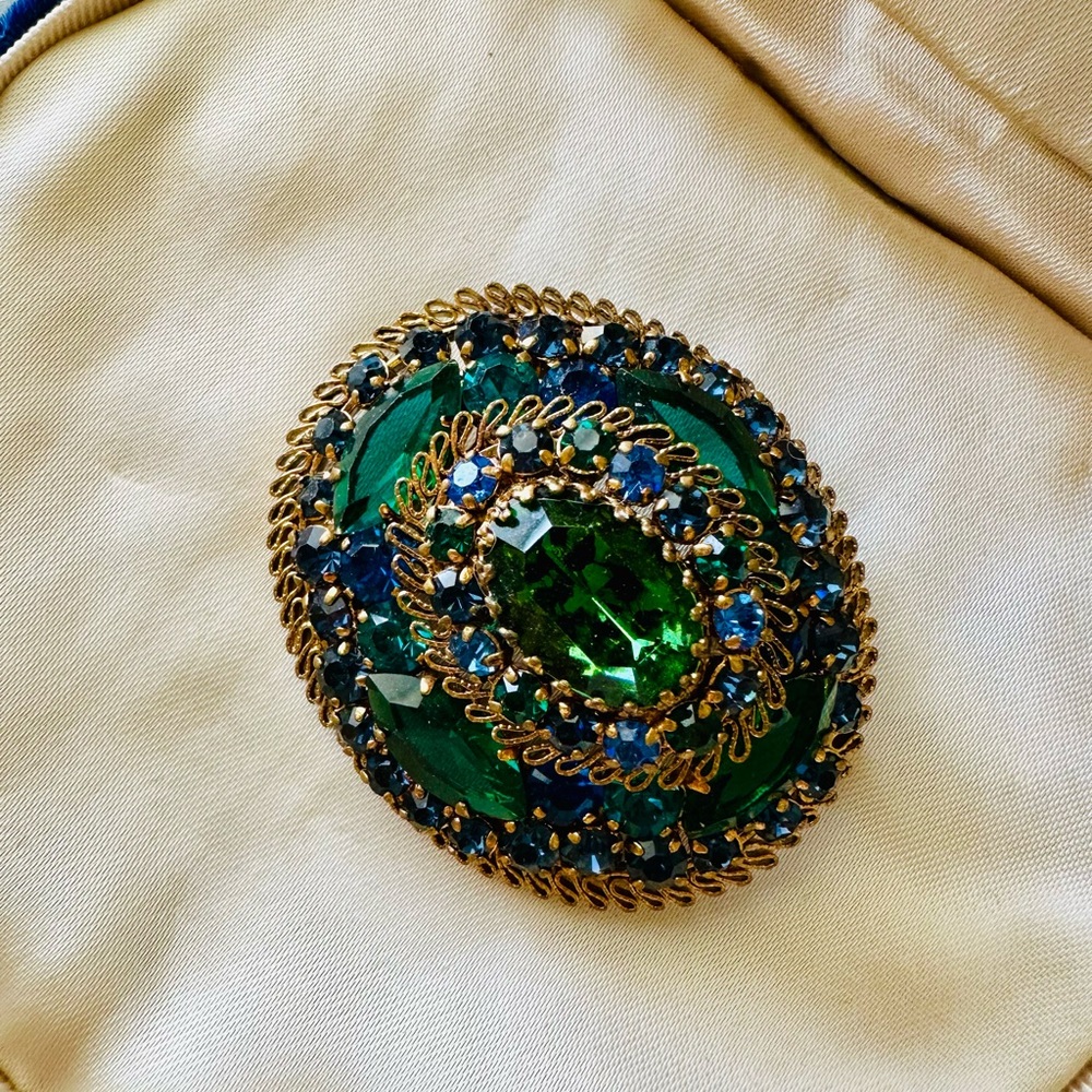 Vintage Blue Green Rhinestone Brooch